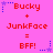 Pixelated pink background with red text and blue/purple star icons showing 'Bucky + JunkFace = BFF!' in two , stars change color between observations