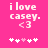 Pixelated pink background with white text 'i love casey.' and '<3' above a of five pixel hearts, two versions showing heart animation changes