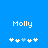 Blue background with white text 'Molly' above two of pixelated plus signs, some light blue
