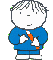 A cartoon character in a blue outfit with white shoes and orange gloves, shown from multiple angles including front-facing and back views.