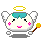 Pixelated angel character with teal hair, pink cheeks, and yellow halo holding a wand that emits red-blue particle trails in some frames.