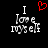 Pixelated text 'I love myself' with a red heart symbol above the 'I' on a black background.