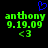 Green text 'anthony', date '9.19.09', and '<3' symbol on black background with blue heart icon above.