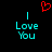 A pixelated image with cyan text "I Love You" on both sides of a red heart symbol above the left side.