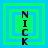 Four square display a vertical 'NICK' text with layered green and blue borders, each showing different border configurations