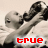 Black-and-white photo of two people kissing, with red text reading 'true' and 'love?' in separate
