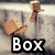 Two side-by-side pixelated images of a blocky character with brown skin and simple facial features, one holding a box on a light background, the other standing outdoors.