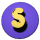 A circular purple icon with a yellow 'S' symbol and black shadow, showing three distinct animation frames of the letter's rotation.
