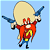 Pixelated cartoon character with large beige head, red body, blue limbs, and yellow accents holding a giant egg-like object against light blue background.