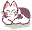 Pixel art cat with white and purple fur, pink inner ears, closed eyes, brown whiskers, lying on gray background in various poses including curled up, holding red ball, and yawning.