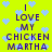Yellow background with blue pixel hearts and purple text reading "I LOVE MY CHICKEN MARTHA" in two vertical