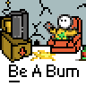 Pixel art contact sheet showing two animated frames of a cartoon character in an orange chair with TV, plus static text elements.