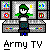 Pixelated character with green beret and green shoulder pads stands before gray console with colored buttons, text below reads Army TV