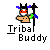 Pixelated character with blue horns, red mask, and green shoulder accents holding a black staff above 'Tribal Buddy' text on gray background.