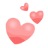 Three pink hearts of varying sizes float against a white background, with the largest heart positioned at the bottom left and two smaller hearts above it.