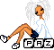 Pixel art character with white hair and orange skin sits on three blocks, legs spread wide in a seated pose.