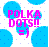 Pixelated graphic with bright blue circular shapes and pink text reading "POLKA DOTS!!" on a white background.