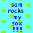 Pixelated blue background with green heart shapes and repeated purple text reading "sam rocks my sox !!!!!" in a pattern