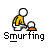 Animated pixel art of a yellow-shirted figure leaning over a small orange object with a white top, under the text "Smurfing".