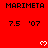 Red background with repeated 'MARIMETA' text and '7.5 '07' below, white pixel hearts appear in three across the