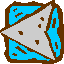 Four pixelated square icons arranged in a , each with brown borders and blue backgrounds, showing a gray triangular shape and a gray fish-like figure with brown eyes and mouths