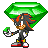 Pixel art character with dark gray fur, red highlights, white gloves, and red-and-white shoes holds a large green gem above its head while manipulating smaller gems in various poses.