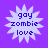 Four identical pixelated starburst icons with blue text on a purple background, each displaying 'gay zombie love' in three lines.