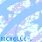 Pixelated blue and purple pattern with repeated 'MICHELLE' text in light blue, each followed by a small arrow symbol.