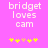 Pixelated text 'bridget loves cam' on bright pink background with yellow and peach star-like symbols below.