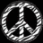 A circular peace symbol with a metallic silver outline and black interior, rendered in pixelated style against a black background.