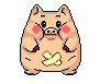 Pixel art hamster with pink cheeks, yellow X on belly, and dark brown limbs in multiple poses including standing, angry, and lying down.