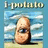 Pixelated potato with single eye on beach background, surrounded by text elements in various colors and styles.