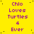 Yellow background with purple text reading 'Chlo Loves Turtles 4 Ever' arranged in a pattern, featuring small black dots scattered across the surface