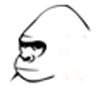 Black and white pixelated icon of a stylized face with exaggerated features including thick eyebrows, a prominent nose, and a curved mouth, rendered in low-resolution with visible anti-aliasing on edges.
