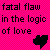 Pixelated text on a pink background with a black heart symbol, reading 'fatal flaw in the logic of love' in three lines.