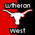 Pixelated icon with red and black background split vertically, featuring white longhorn silhouette; text "Lutheran" top-left, "West" bottom-left on black section.