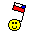 Pixelated yellow smiley face with black outline and simple features, holding a small flag on a thin black pole against gray background.