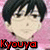 Four identical anime-style character headshots arranged in a on pink background with red and blue text labels