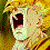 Pixelated character with spiky yellow hair and open mouth, wearing yellow outfit, displayed in four
