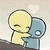 Pixelated yellow figure with closed eyes hugs blue circular object, heart shape floats above; background gradient from light beige to white.