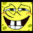 Pixelated yellow cartoon face with wide grin, large white teeth, and blue eyes on a yellow background.