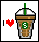 Pixel art icon shows a brown iced drink with green straw, white foam top, and green 'B' logo on glass next to black vertical line and red heart symbol.