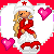 Pixel art Valentine's Day icon featuring a nurse character in red uniform with white cap, pink hearts, and blue text on red background.