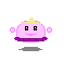 Pixelated pink character with yellow tuft, black eyes, purple belt, and floating white orbs on gray background.
