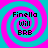 Four identical display a cyan and magenta spiral background with black text reading "Finella will BRB" in pixelated font