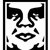 Pixelated black-and-white face with stylized features on left, red 'OBEY' text on top-right, red 'RISE ABOVE' text on bottom-left against solid backgrounds.