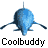 A contact sheet of 11 animated frames showing a blue cartoon fish mascot with varying body positions and fin shapes, each labeled "Coolbuddy" below it on a white background.