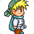 Pixel art contact sheet of a blonde character in four walking poses with green hat, teal scarf, white tunic, brown pants, and blue shoes on gray background.