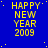 Blue background with yellow text reading 'HAPPY NEW YEAR 2009' repeated in a pattern, scattered white dots resembling stars
