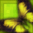 A static pixelated image with a bright green square on the left and four yellow curved shapes resembling butterflies or abstract forms against dark background.